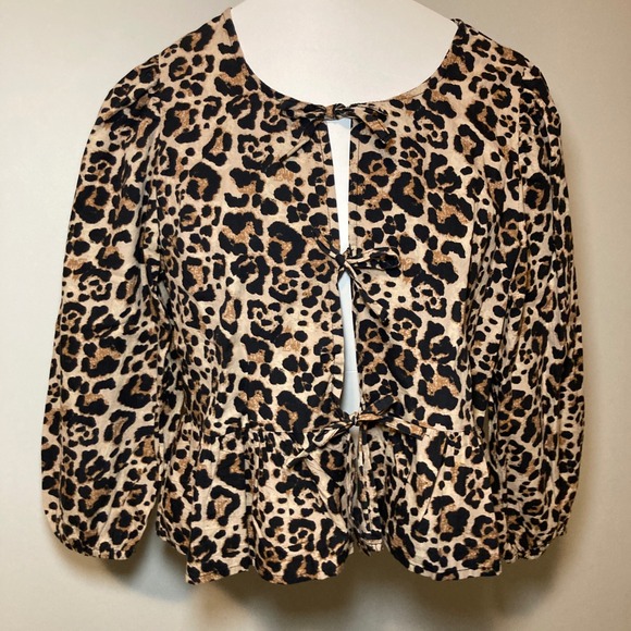 NWT Sim Sam‎ Leopard Print Bow Tie Peplum Puff Blouse Women S Cotton Modernchic - Picture 1 of 13